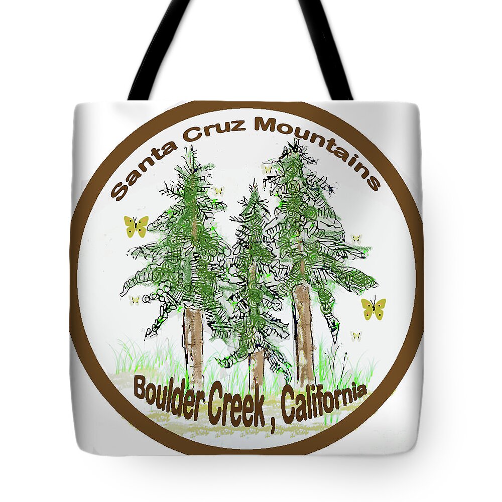Monarch Butterflies Redwood Trees Santa Cruz Mountains Boulder Creek California Trees Tote Bag featuring the mixed media Monarchs and Redwoods by Ruth Dailey