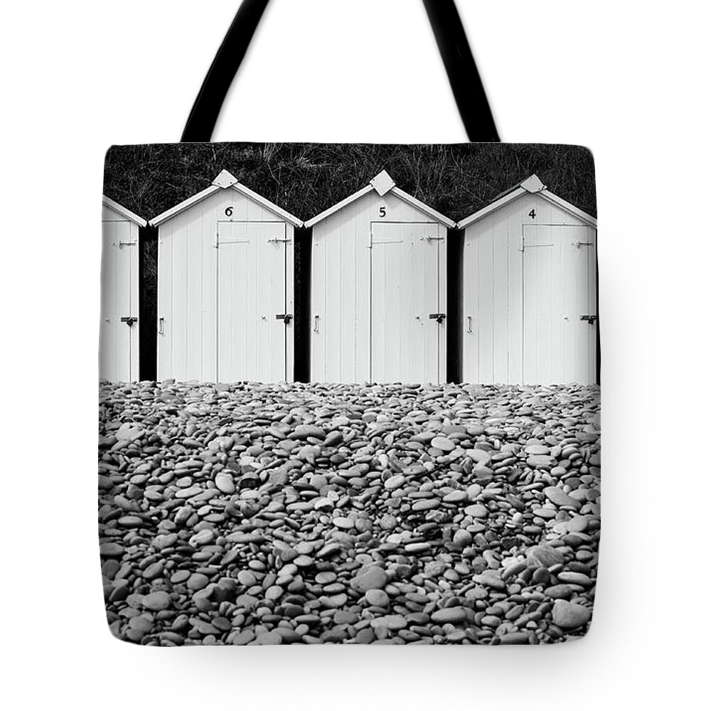 Beach Huts Tote Bag featuring the photograph Monochrome Beach Huts by Helen Jackson