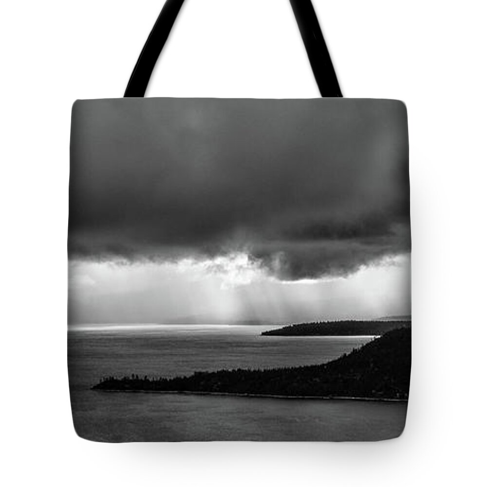 Lake Tahoe Monochrome Storm Panorama Tote Bag featuring the photograph Monochrome Storm Panorama by Martin Gollery