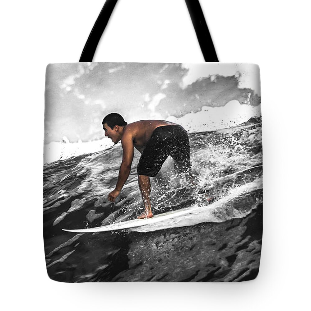 Beach Tote Bag featuring the photograph Monochrome Surfin' by Eye Olating Images