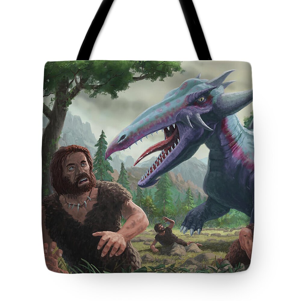 Monster Tote Bag featuring the painting Monster Attacking Cavemen by Martin Davey