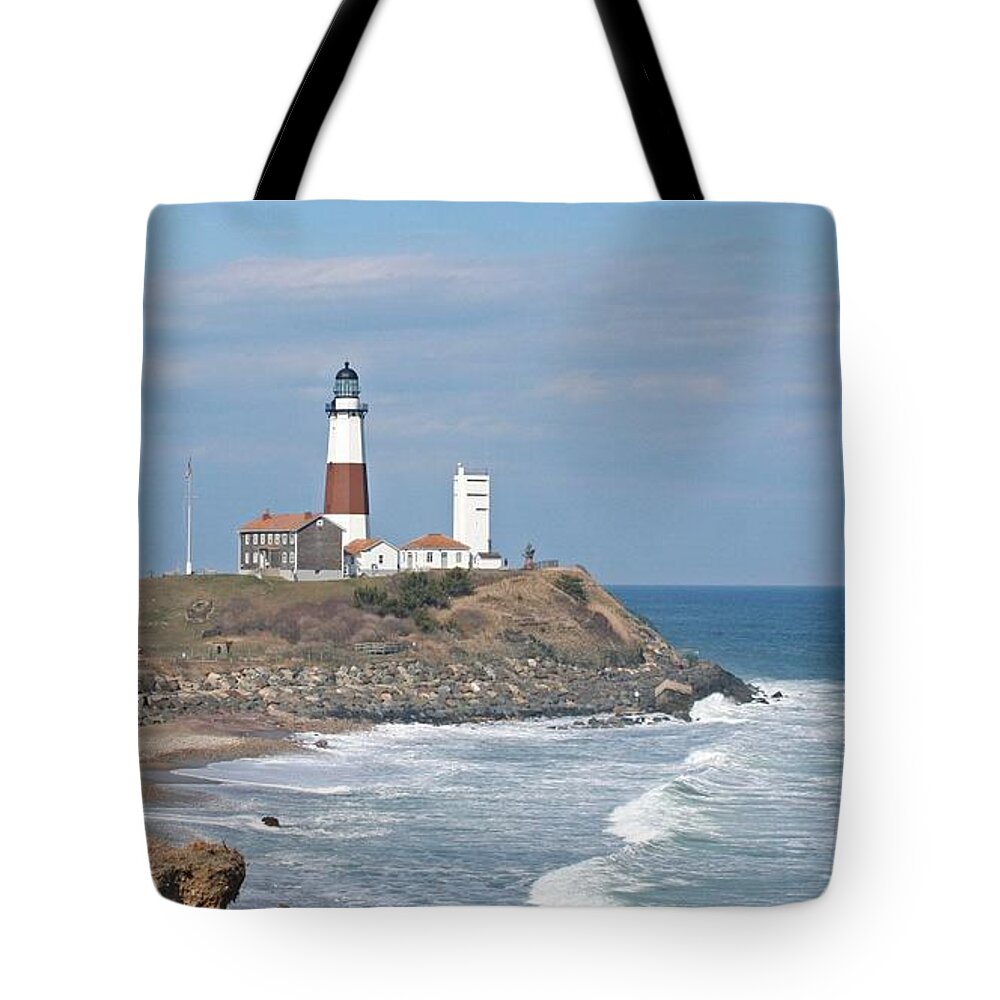 Montauk Tote Bag featuring the photograph Montauk Lighthouse View from Camp Hero by Karen Silvestri