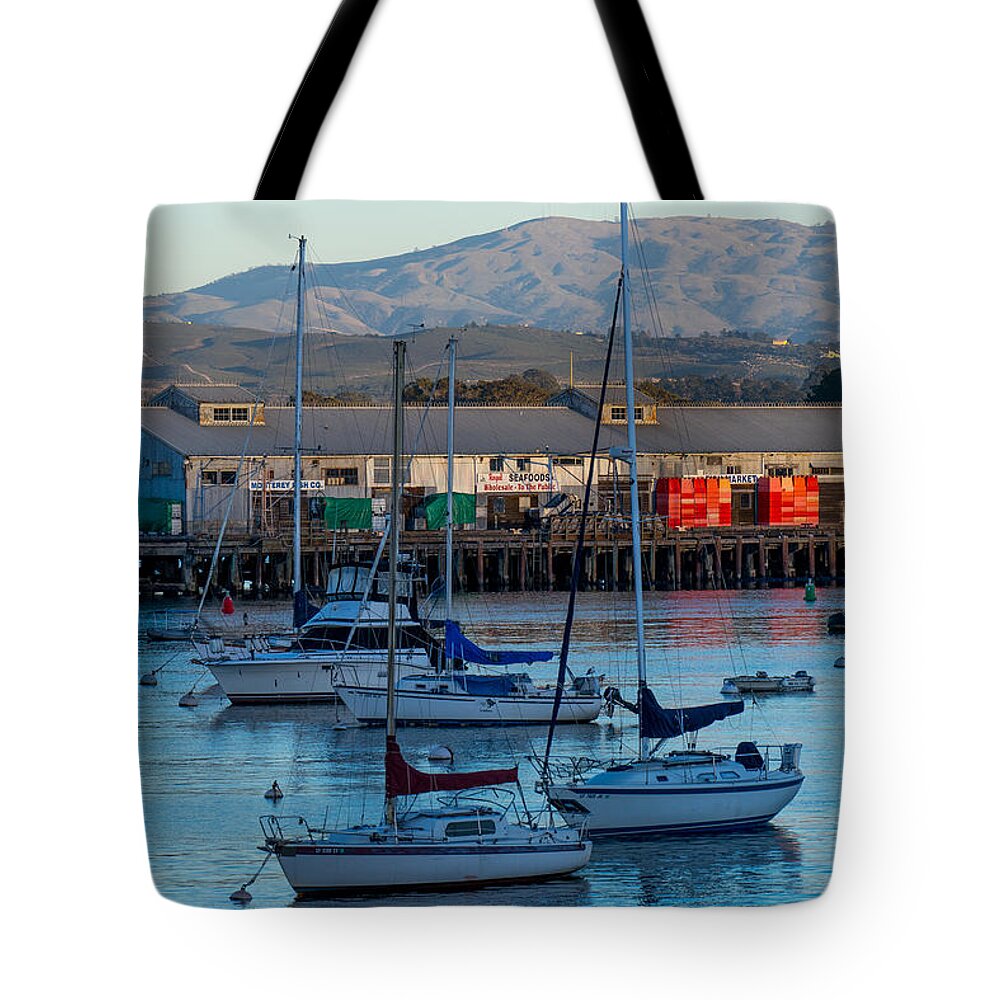 Monterey Tote Bag featuring the photograph Monterey Wharf at Sunset by Derek Dean