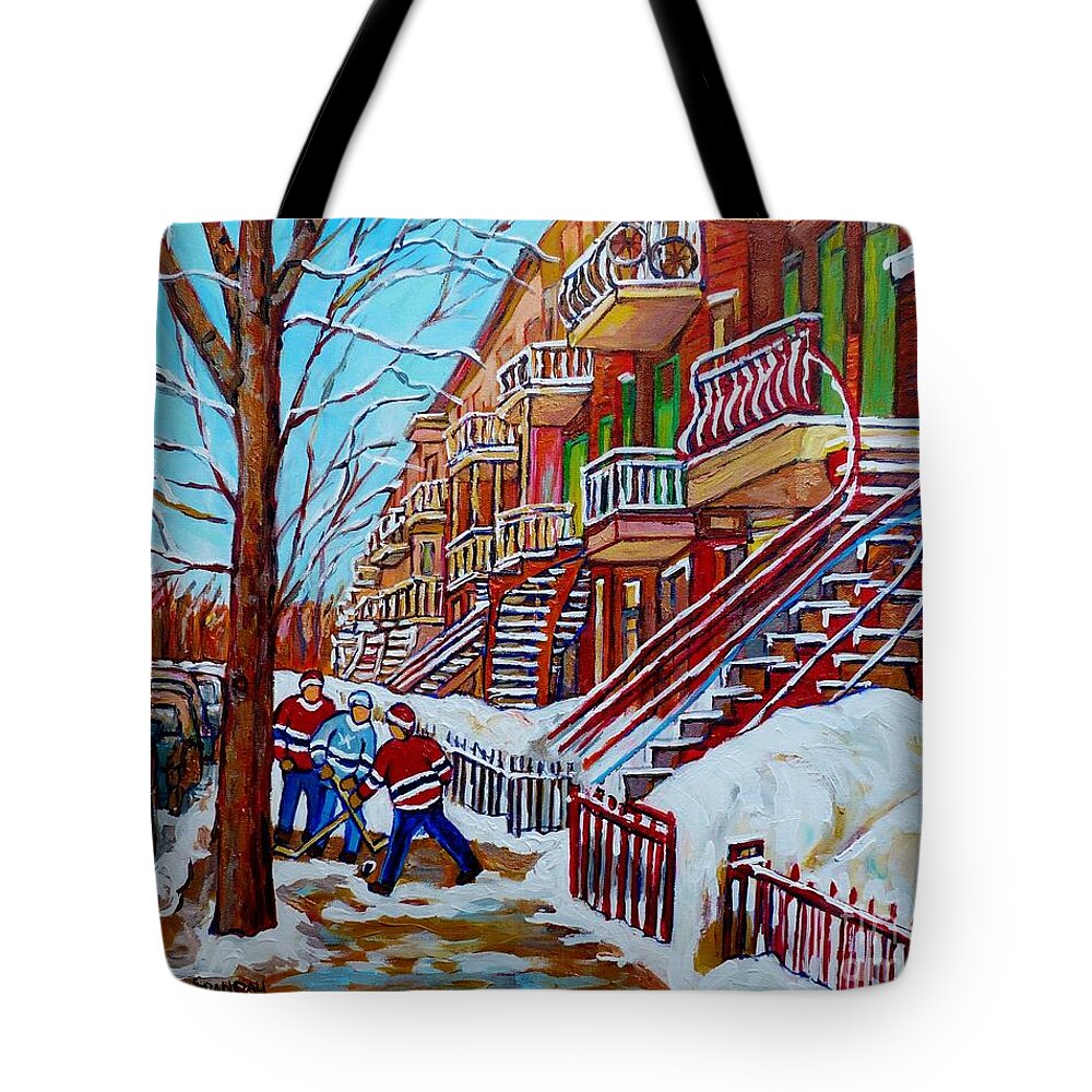 Montreal Tote Bag featuring the painting Montreal Art Winter Staircase Scenes Hockey Art Painting For Sale C Spandau Canadian Street Scenes  by Carole Spandau