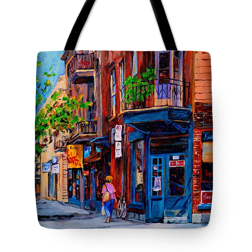 Montreal Tote Bag featuring the painting Montreal Depanneurs by Carole Spandau
