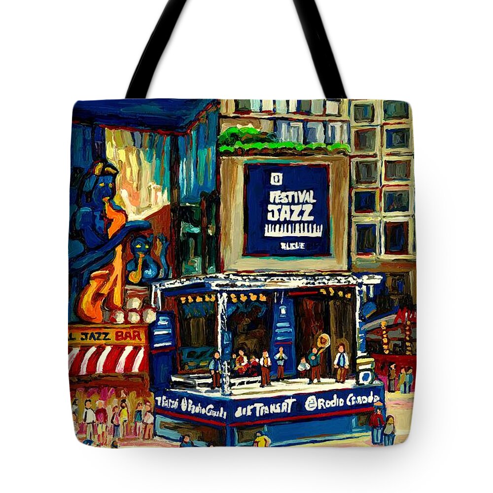 Montreal International Jazz Festival Tote Bag featuring the painting Montreal International Jazz Festival by Carole Spandau