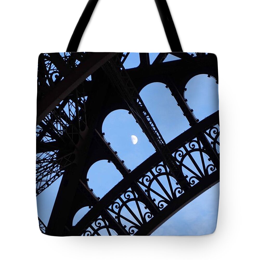 Moon Tote Bag featuring the photograph Moon 'caught' in the Eiffel Tower by Aurella FollowMyFrench