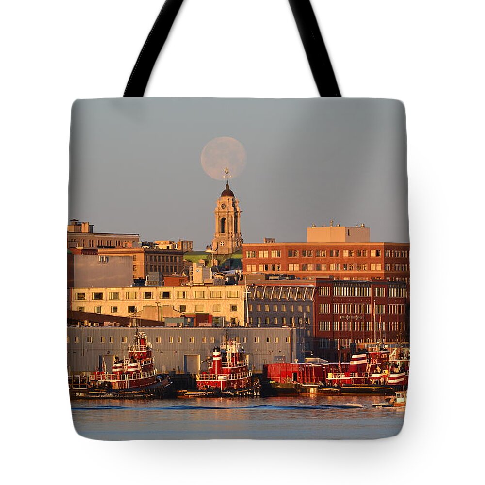 Moon Tote Bag featuring the photograph Moon Over City Hall by Colleen Phaedra