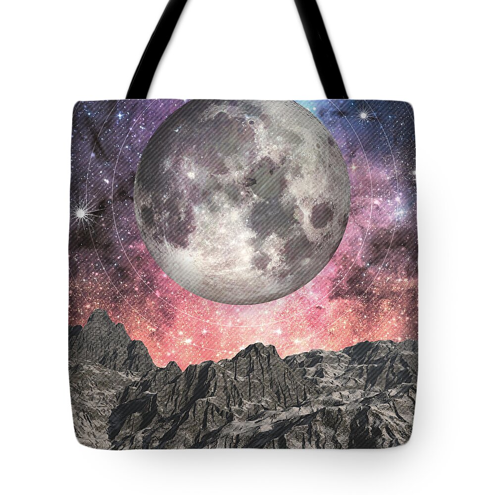 Moon Tote Bag featuring the digital art Moon Over Mountain Lake by Phil Perkins