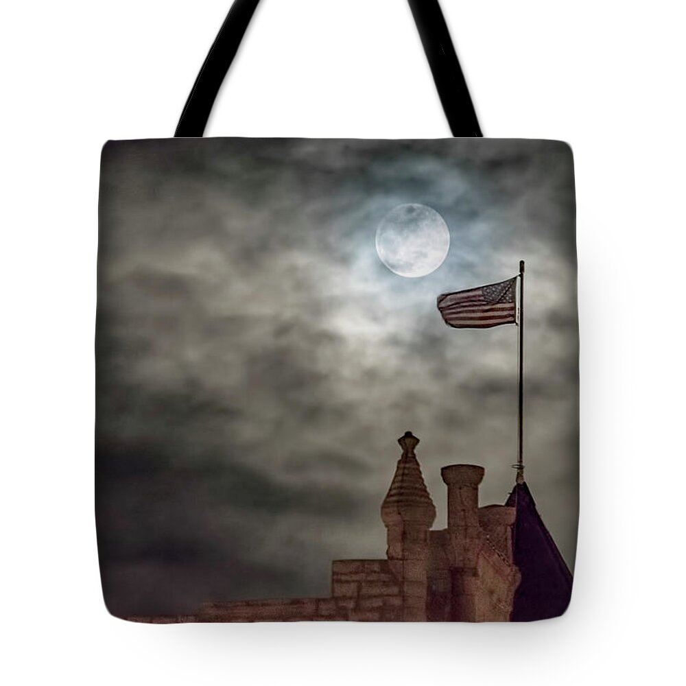 Kansas Tote Bag featuring the photograph Moon over the Bank by Rob Graham