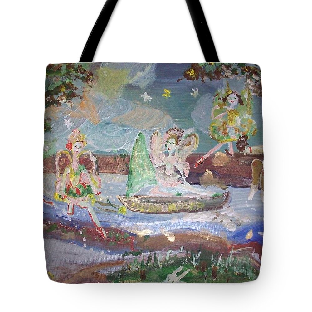 Moon Tote Bag featuring the painting Moon River Fairies by Judith Desrosiers
