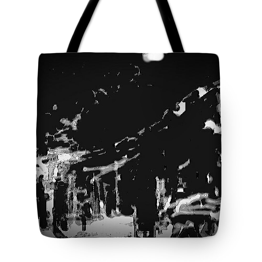 Black And White Digital Painting Tote Bag featuring the painting Moon vision at a tribal village road by Subrata Bose