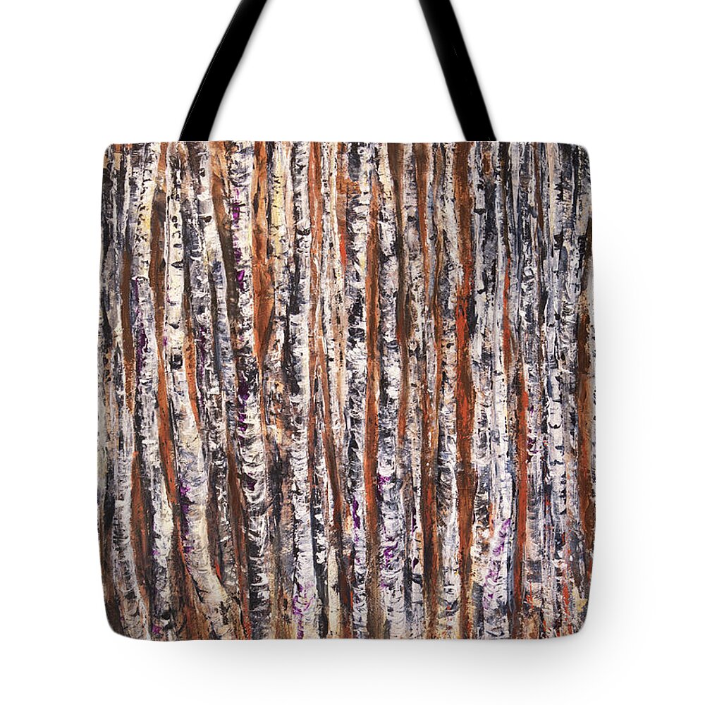Aspens Tote Bag featuring the painting Moonlight Aspens by Sheila Johns