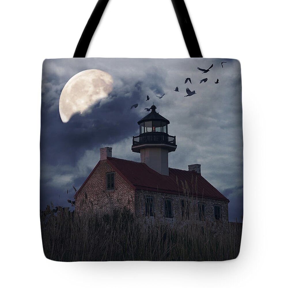 Lighthouse Tote Bag featuring the photograph Moonlight at East Point by Debra Fedchin