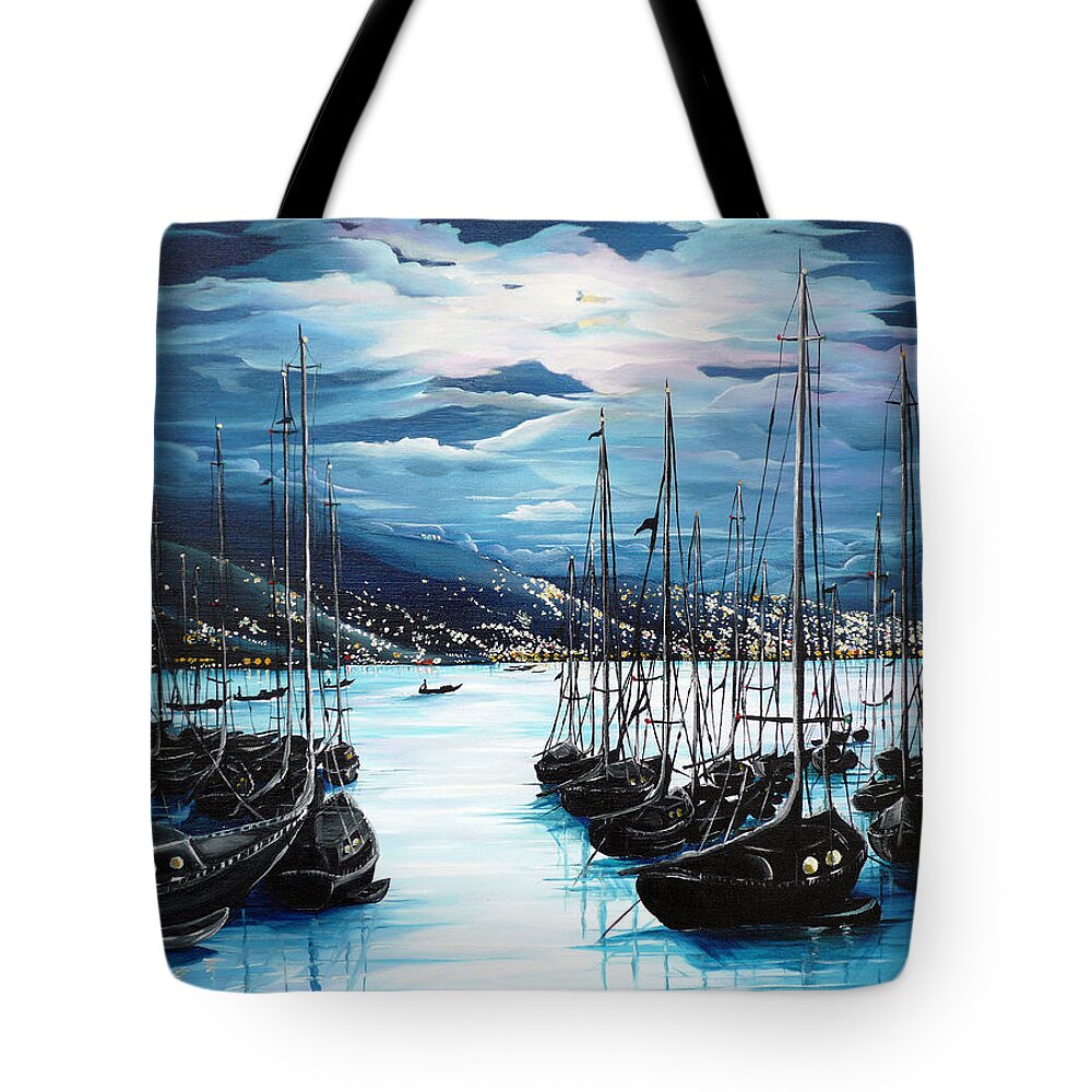 Ocean Painting  Caribbean Seascape Painting Moonlight Painting Yachts Painting Marina Moonlight Port Of Spain Trinidad And Tobago Painting Greeting Card Painting Tote Bag featuring the painting Moonlight Over Port Of Spain by Karin Dawn Kelshall- Best