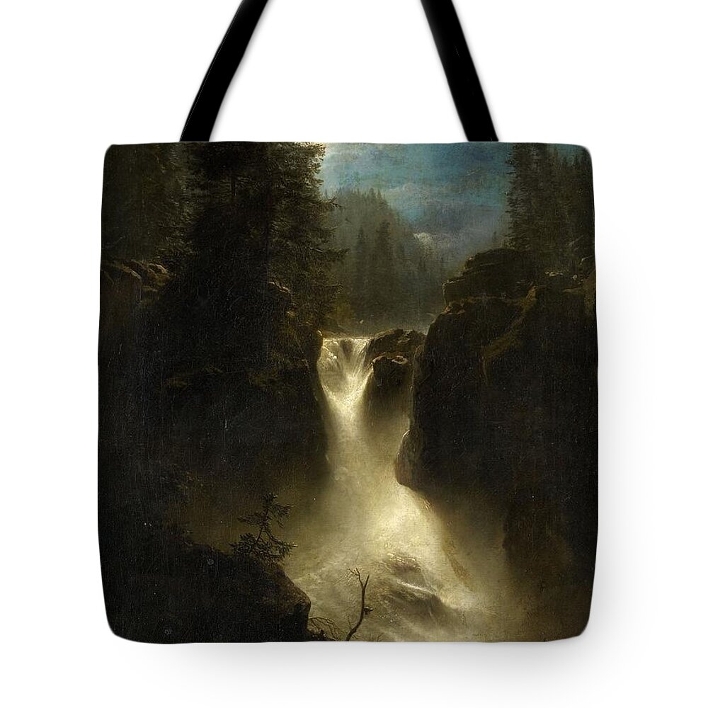 Oswald Achenbach Tote Bag featuring the painting Moonlit Alpine Landscape by Oswald Achenbach