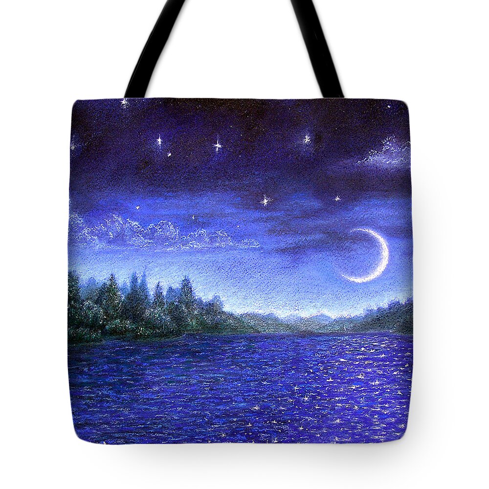Moonlit Tote Bag featuring the pastel Moonlit Lake by Michael Heikkinen