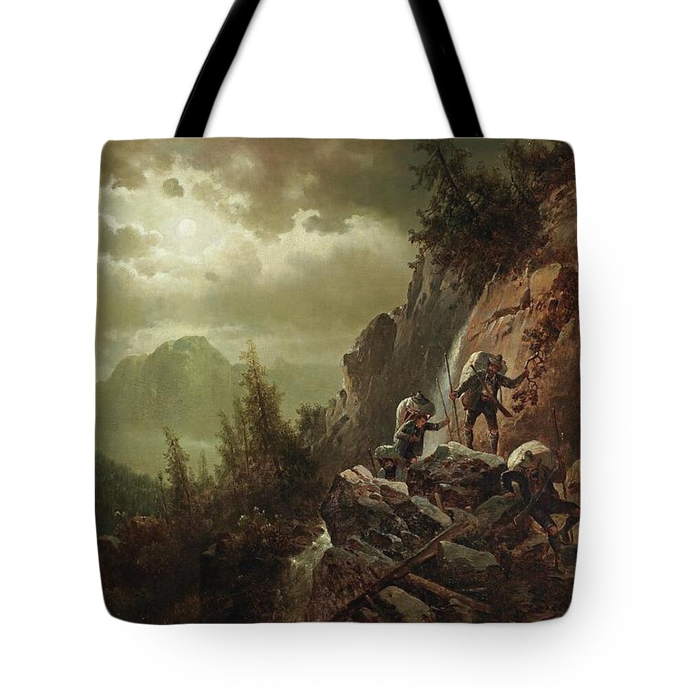Josef Thoma (vienna 1828-1899) Smugglers In A Moonlit Nigh Tote Bag featuring the painting Moonlit Nigh by Josef Thoma