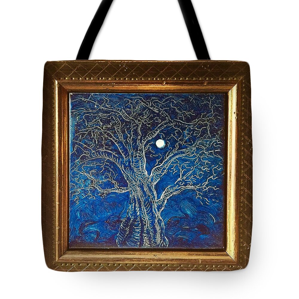 Etching Tote Bag featuring the painting Moonlit tree by Karen Doyle
