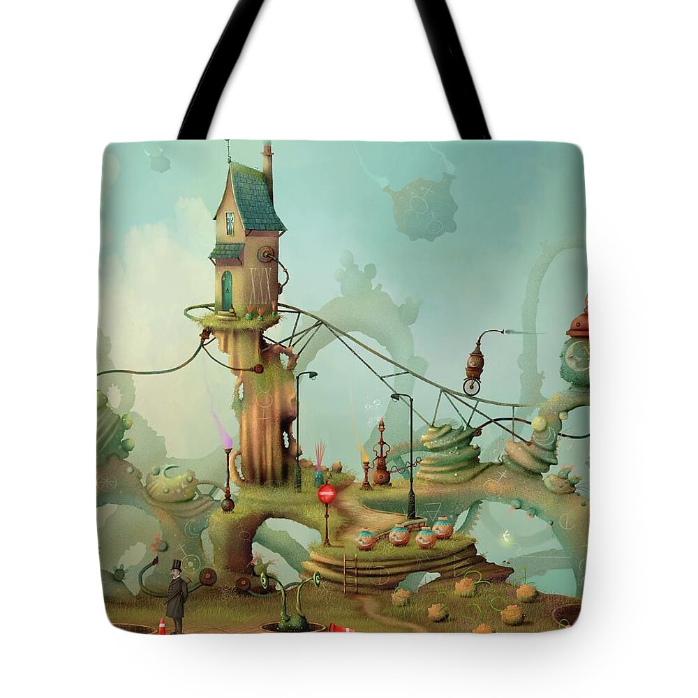 Time Travel Tote Bag featuring the painting Moonshine Manor the finest distillery west of the sun by Joe Gilronan