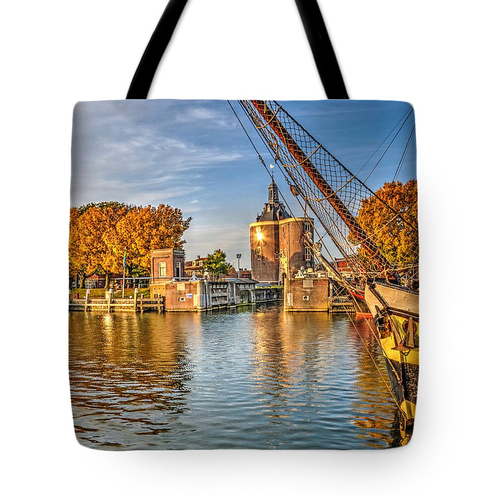 Boat Tote Bag featuring the photograph Moored in Enkhuizen by Frans Blok