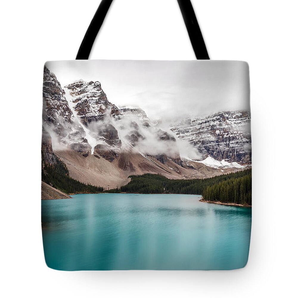 5dsr Tote Bag featuring the photograph Moraine Lake in the Clouds by Pierre Leclerc Photography