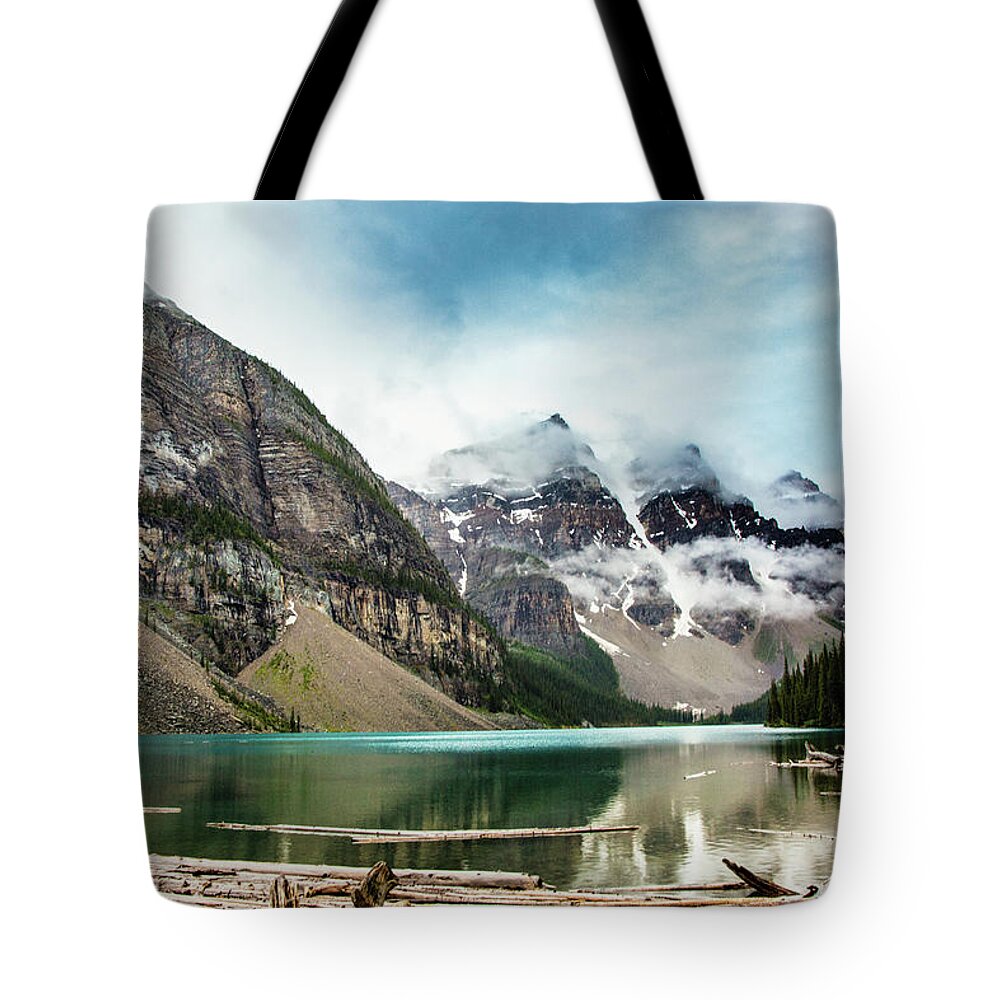 Moraine Tote Bag featuring the photograph Moraine Lake in the Rain by Monte Arnold