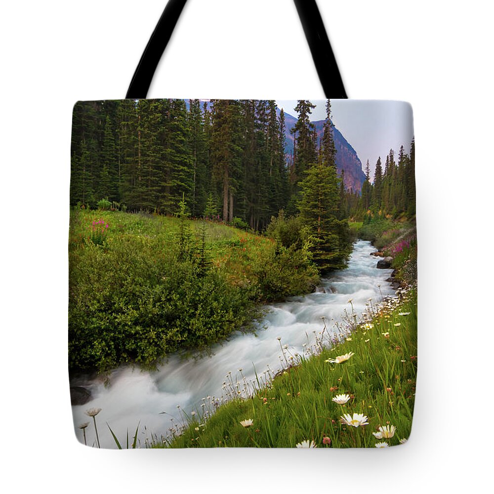 Moraine Lake Tote Bag featuring the photograph Moraine Stream Wildflower Display by Norma Brandsberg
