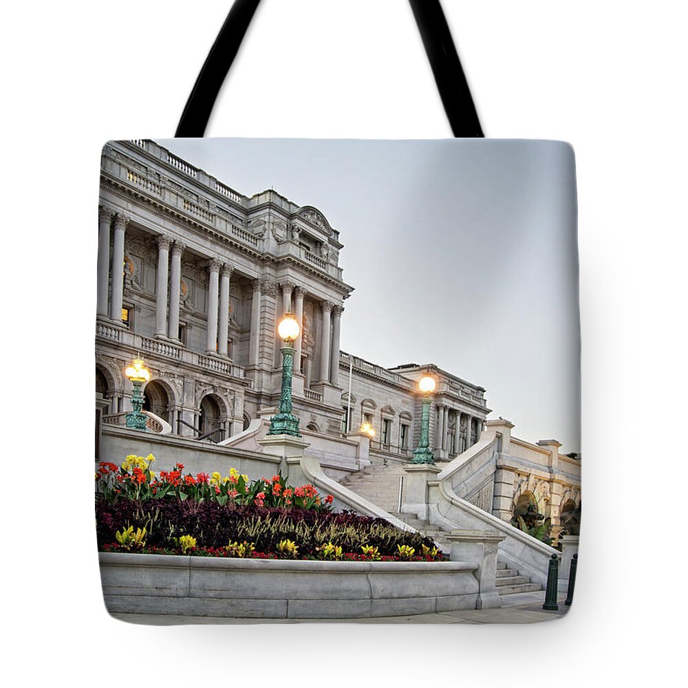 Library Of Congress Tote Bag featuring the photograph Morning At the Library of Congress by Greg and Chrystal Mimbs