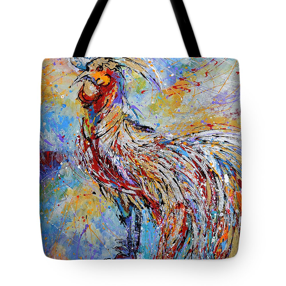 Long Tail Rooster Tote Bag featuring the painting Morning Call by Jyotika Shroff