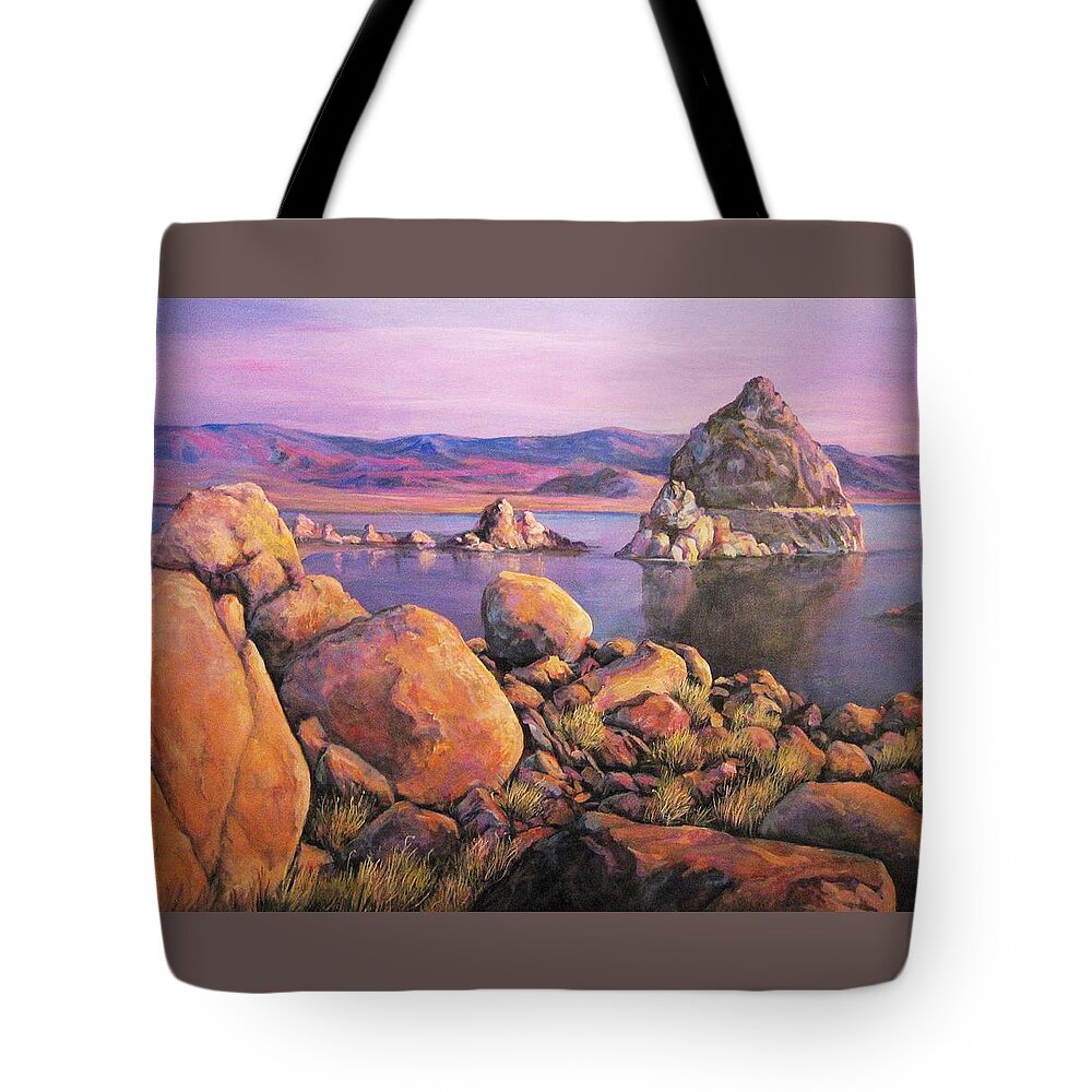 Nature Tote Bag featuring the painting Morning Colors at Lake Pyramid by Donna Tucker