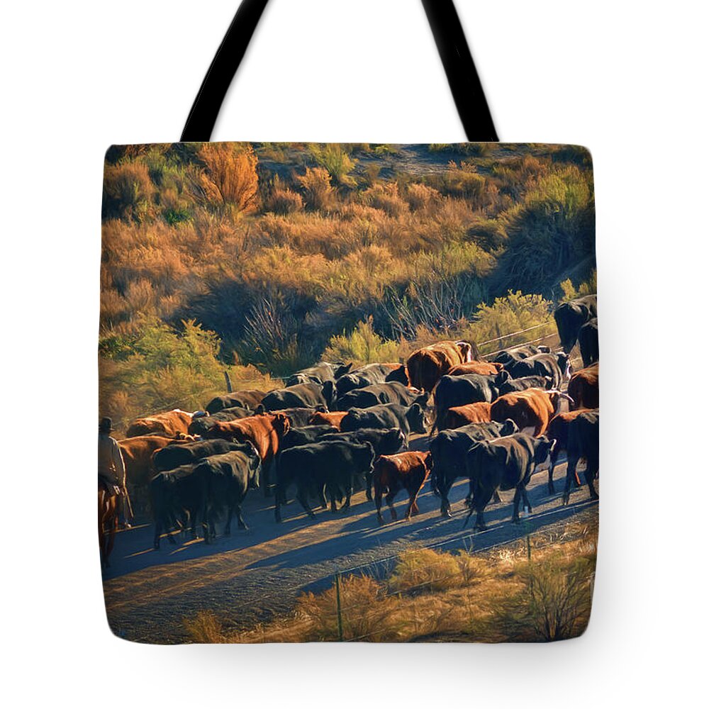 Cattle Tote Bag featuring the painting Morning Cowboys Cattle And A Dog by Janice Pariza