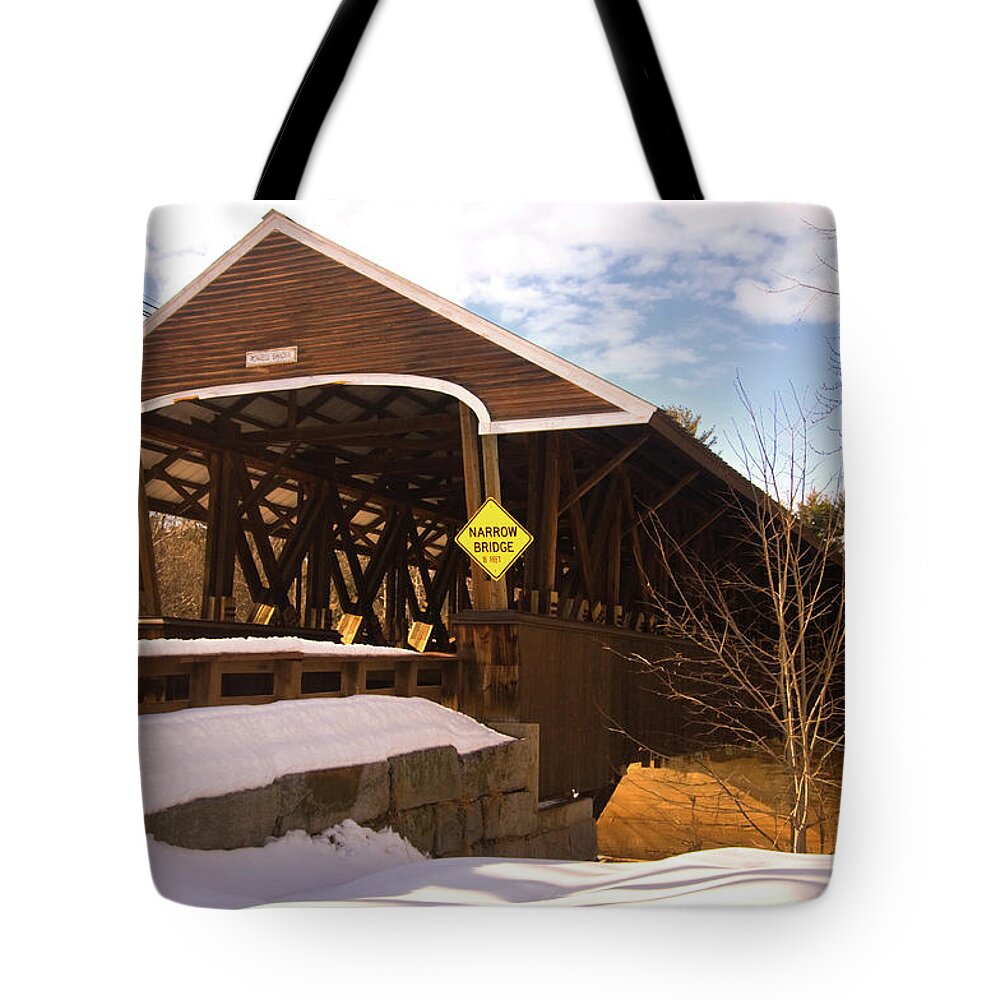 new England Covered Bridges Tote Bag featuring the photograph Morning Finds the Rowell Bridge by Paul Mangold