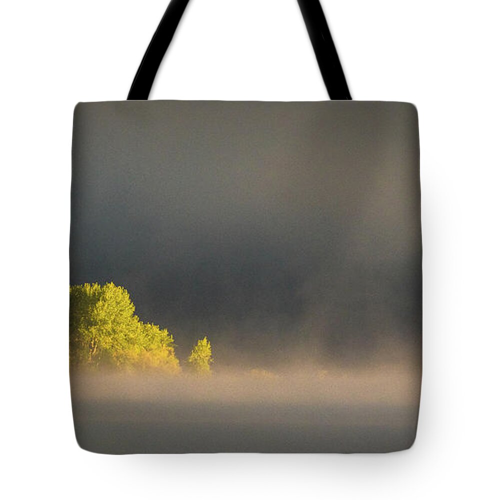 Morning Tote Bag featuring the photograph Morning fog on Jackson Lake Grand Teton National Park by Brandon Bonafede