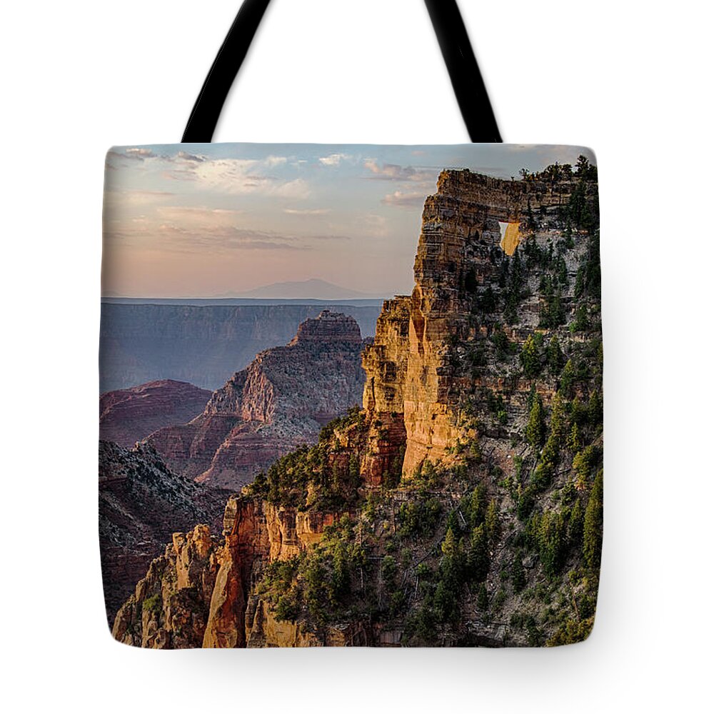 Sunrise Tote Bag featuring the photograph Morning glow on Angels Window by Gaelyn Olmsted