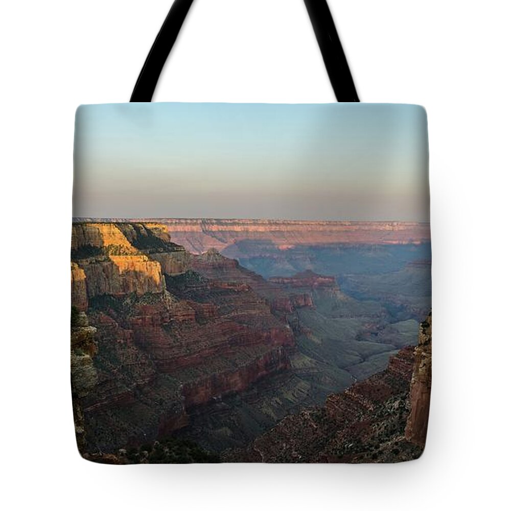 Grand Canyon Tote Bag featuring the photograph Morning lights Wotans Throne by Gaelyn Olmsted