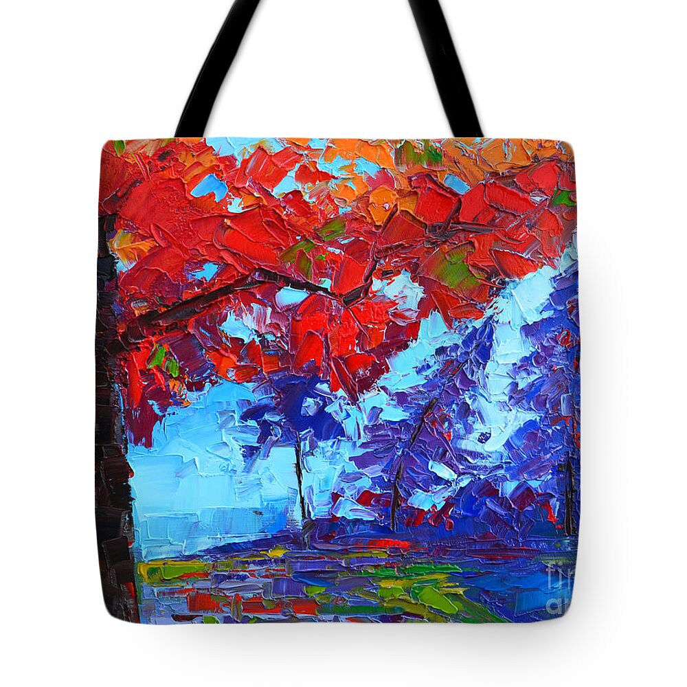 Morning Mist Tote Bag featuring the painting Morning Mist Landscape - Modern Impressionistic palette knife oil painting by Patricia Awapara
