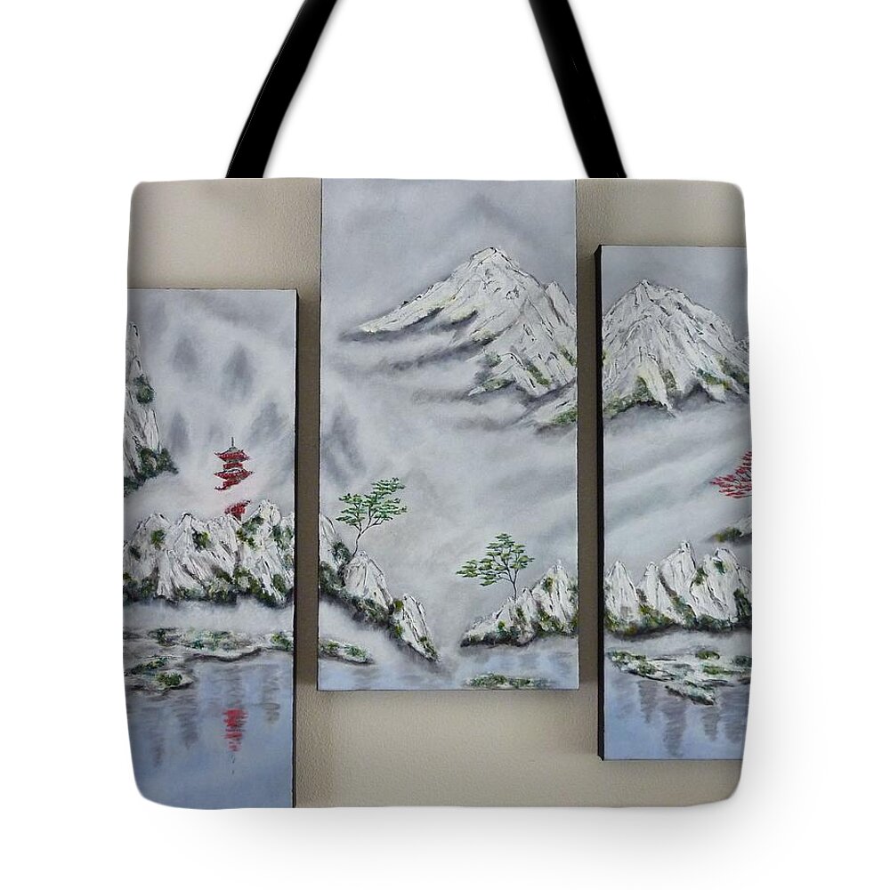Morning Mist Tote Bag featuring the painting Morning Mist Triptych by Amelie Simmons