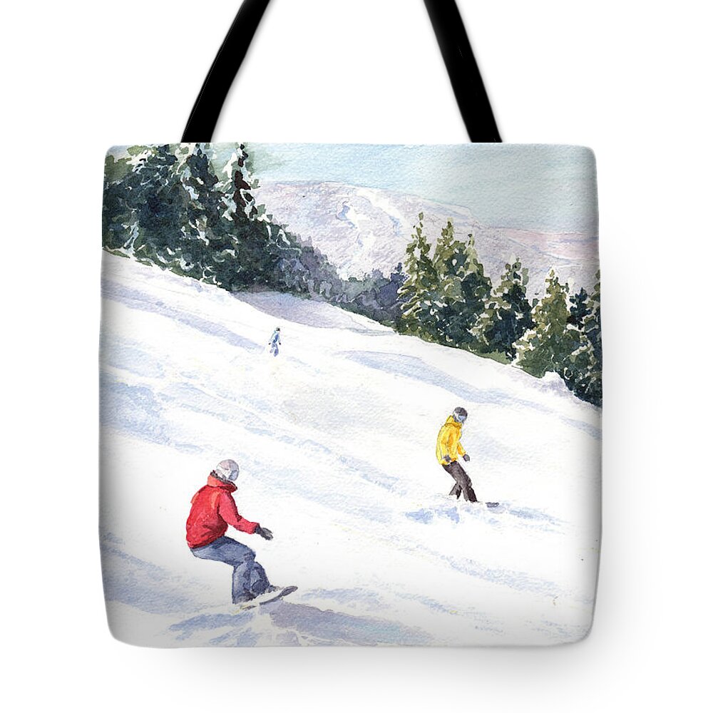 Snowboarding Tote Bag featuring the painting Morning on the Mountain by Vikki Bouffard