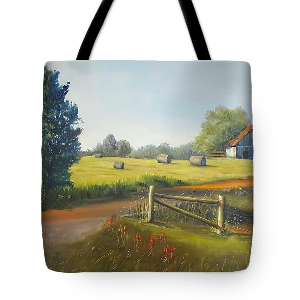 Farm Pasture Tote Bag featuring the painting Morning pasture by Connie Rish