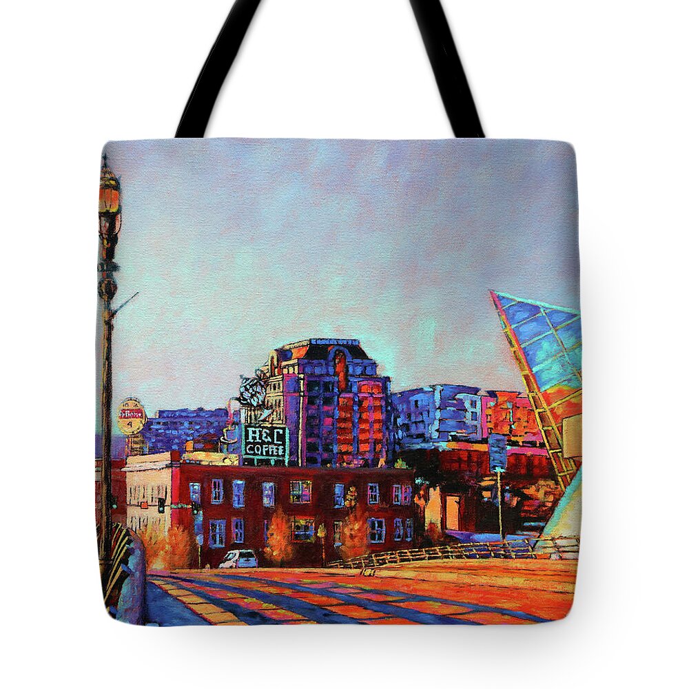 Sunrise Tote Bag featuring the painting Morning Rush - the corner of Salem Avenue and Williamson Road in Roanoke Virginia by Bonnie Mason