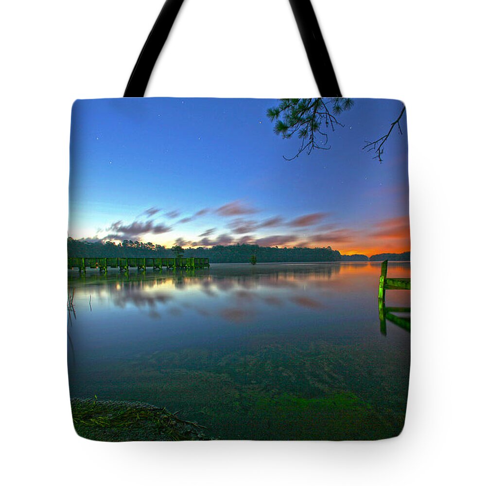 Sky Water Lake Pond Pier Stars Cloud Clouds Tree Trees Shore Beach Tote Bag featuring the photograph Morning Star by Robert Och