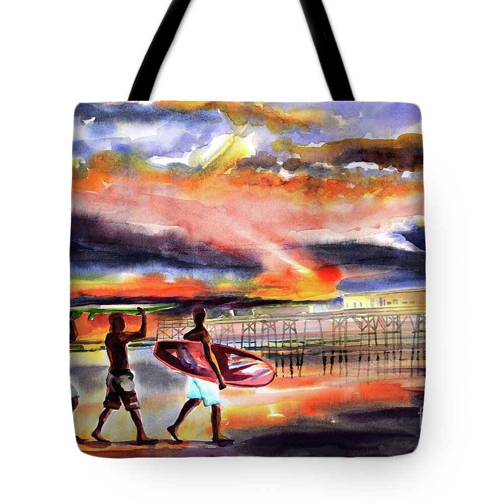 Original Watercolors Tote Bag featuring the painting Morning surfers by Julianne Felton
