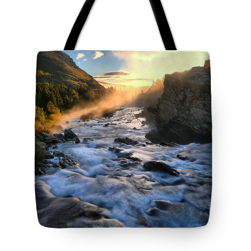 Swiftcurrent Falls Tote Bag featuring the photograph Morning Swiftcurrent Sunbeam by Adam Jewell