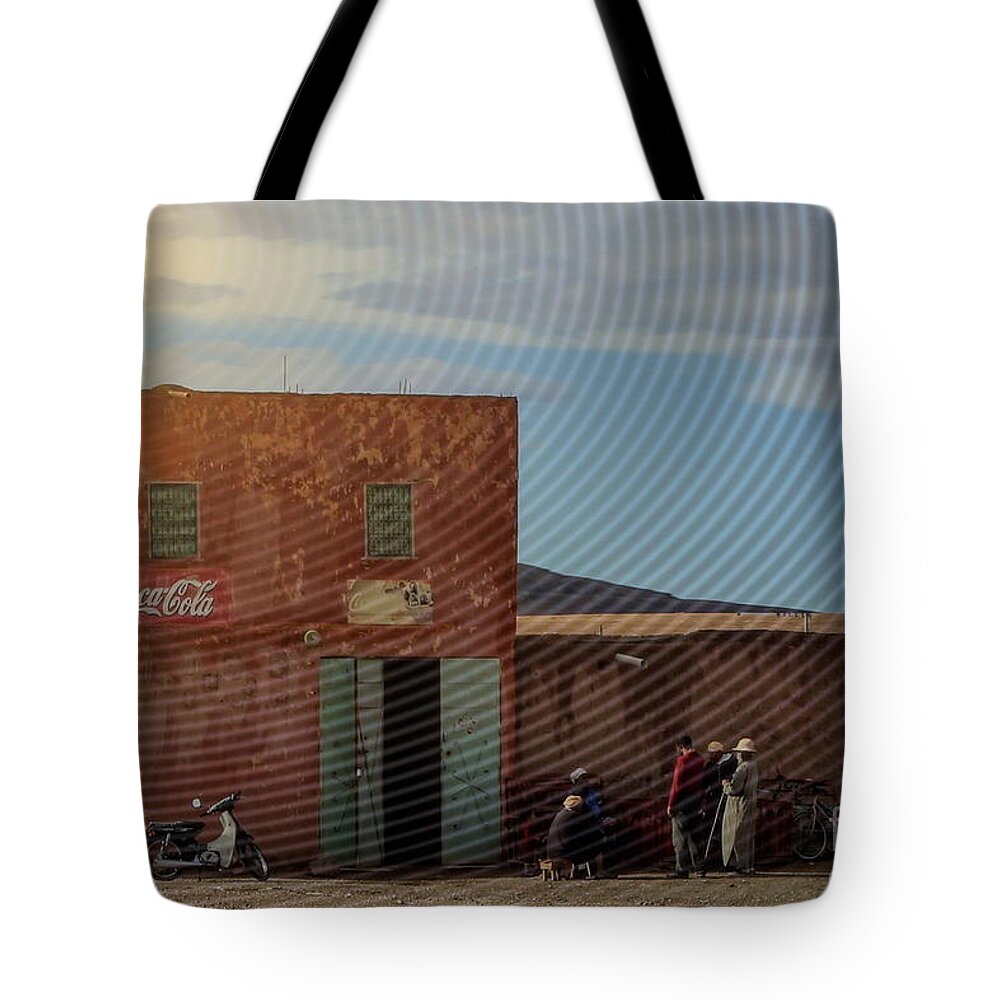 Morocco Tote Bag featuring the photograph Morocco Back Roads Pit Stop Beams by Chuck Kuhn