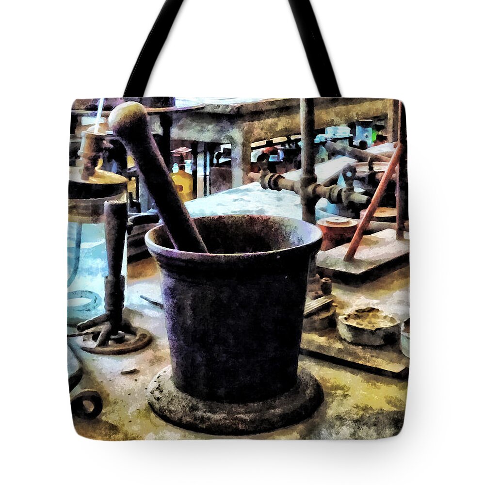 Chemicals Tote Bag featuring the photograph Mortar and Pestle in Chem Lab by Susan Savad