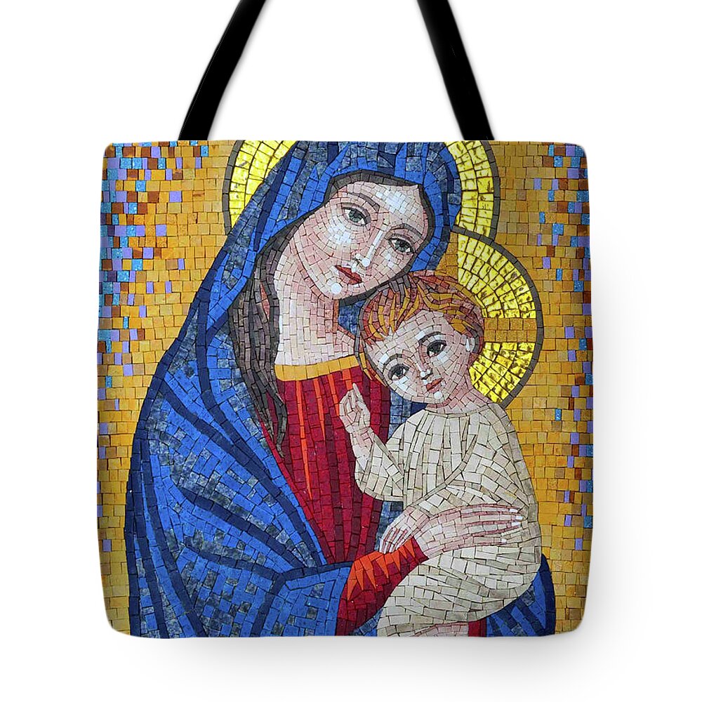 Mosaic Tote Bag featuring the photograph Mosaic Jesus and Mary by Munir Alawi