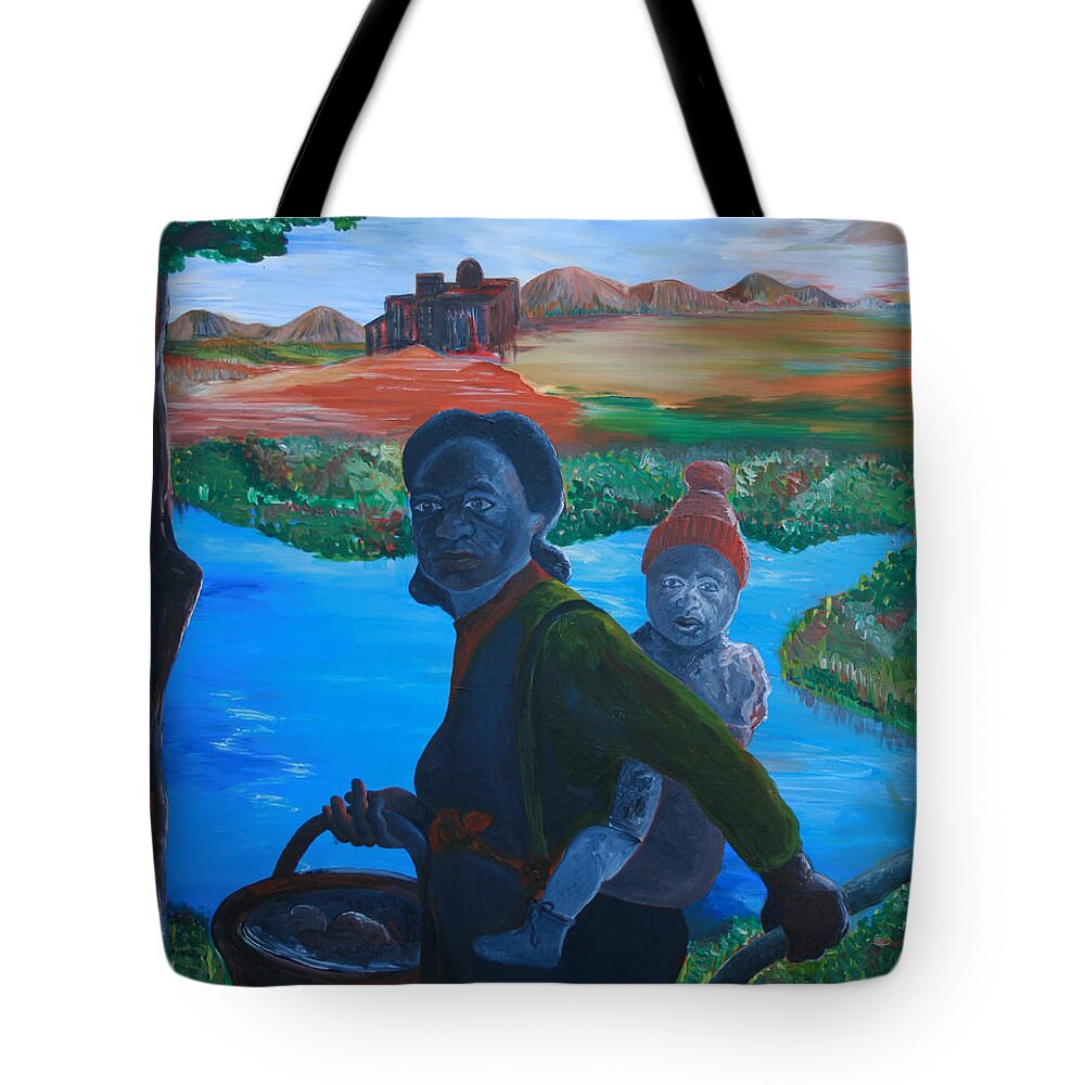 Mother And Child 1 Tote Bag featuring the painting Mother and Child 1 by Obi-Tabot Tabe