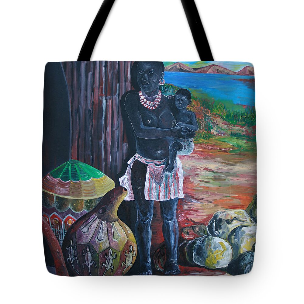 Mother And Child 2 Tote Bag featuring the painting Mother and Child 2 by Obi-Tabot Tabe