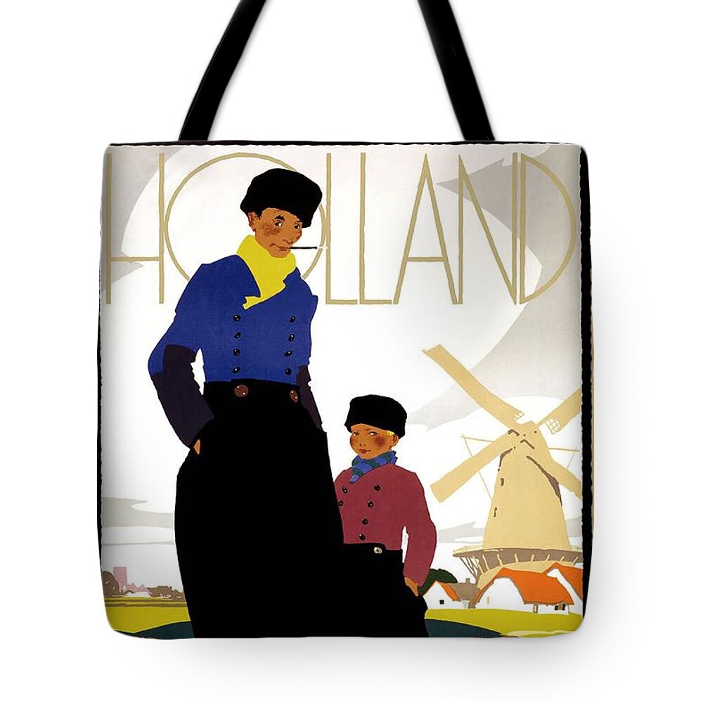 Mother And Child Tote Bag featuring the painting Mother and Child near a windmill in Holland - Vintage Travel Poster by Studio Grafiikka